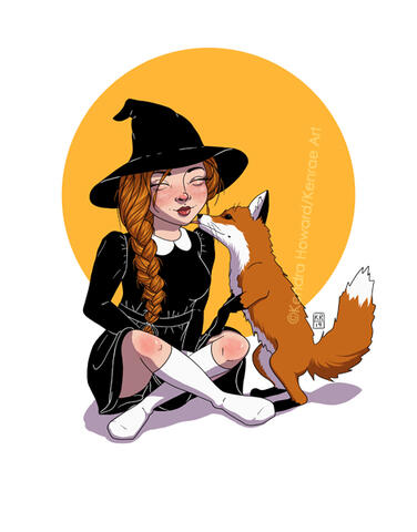 Image of a witch with long red hair braided over her left shoulder sitting cross legged on the floor. Her red fox familiar is stretching to lick her face