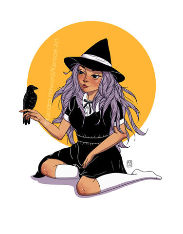 Image of a witch with long lavender hair sitting on the floor with her raven familiar perched on her left hand.