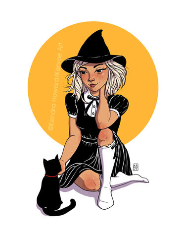 Image of a witch with shoulder length blonde hair. She is sitting on the floor petting her black cat. It is wearing a red collar.