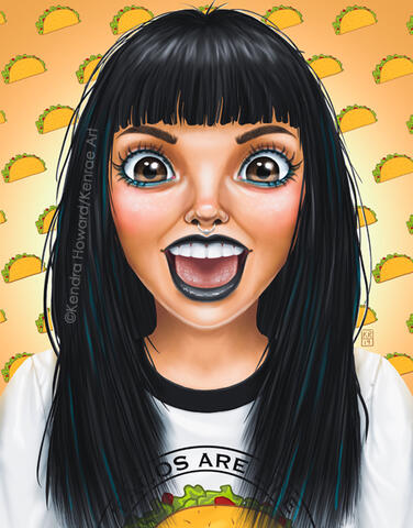 Image of an excited woman with blue streaked black hair, brown eyes, and black lipstick. The background is a taco pattern.