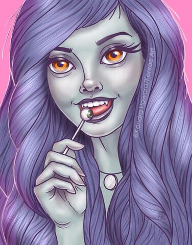 Image of a lavender haired vampire with amber eyes and gray skin. She is eating an eyeball shaped sucker.