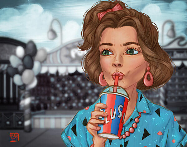 80’s themed image of a brunette woman drinking a slushie at a carnival.