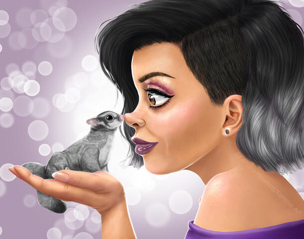 Image of a woman holding a sugar glider with their noses touching. She is wearing a purple off the shoulder shirt and has black and gray ombré hair. The image background is lavender.